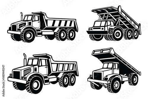 Set of Black and White Dump Truck Illustrations,Heavy Construction Vehicles, Line Art, Vector Graphics, Transportation.
