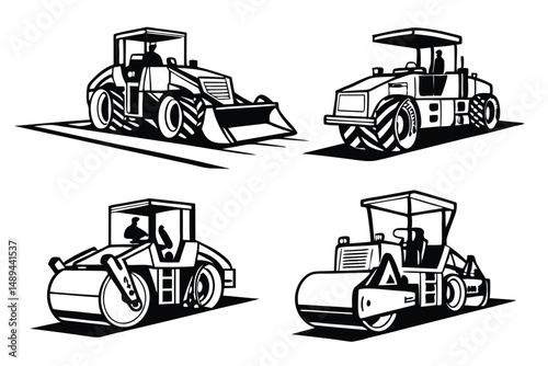Black and White Vector Set of Construction Machinery: Bulldozer, Road Roller and Steamroller Silhouettes for Graphics.