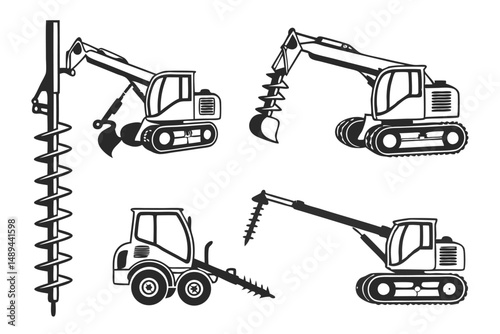 Heavy Construction Equipment Silhouette: Excavators, Backhoes, and Drills for Excavation and Construction Projects.