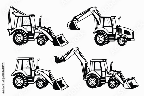 Set of Vector Black and White Isolated Backhoe Loader Illustrations for Construction, Excavation and Industrial Uses.