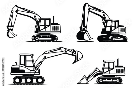 Vector Illustration Set of Excavators in Black and White, Construction Equipment, Heavy Machinery, Isolated on White Background.