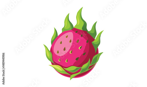 Vibrant Cartoon Dragon Fruit with Green Leaves on a White Background Illustration