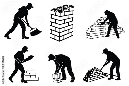 Construction Worker Silhouettes Building Brick Walls and Cleaning with Broom, Depicting Manual Labor Activities.