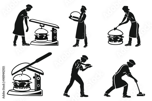 Black and white vector set of chefs preparing and serving a big delicious burger, various actions.