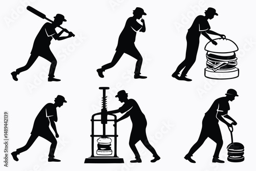 Humorous Vector Illustration of Man Interacting with Giant Burgers in Various Absurd Situations in Black and White.