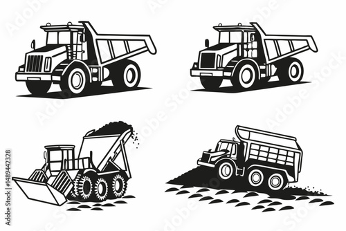 Set of Four Vector Monochrome Dump Truck Illustrations in Various Poses on White Background for Design and Decoration.