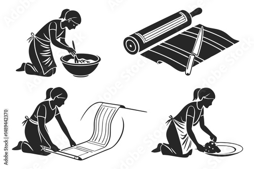 Black and White Culinary Illustration: Female Baker Preparing Dough, Rolling, Cutting and Serving, Vector Silhouette.