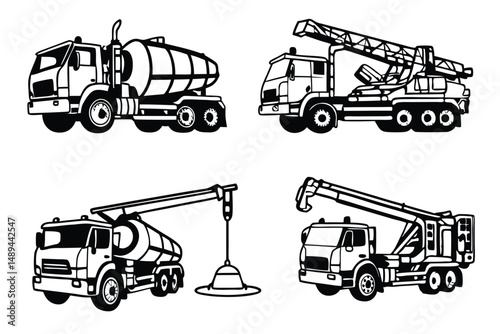 Black and White Vector Illustration Featuring Heavy Construction Vehicles Including Tanker, Crane, and Ladder Trucks.