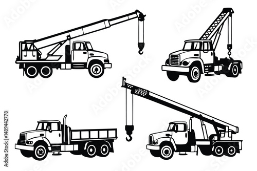 Set of Black and White Crane Truck Illustrations: Vector Graphics for Construction and Industrial Projects.