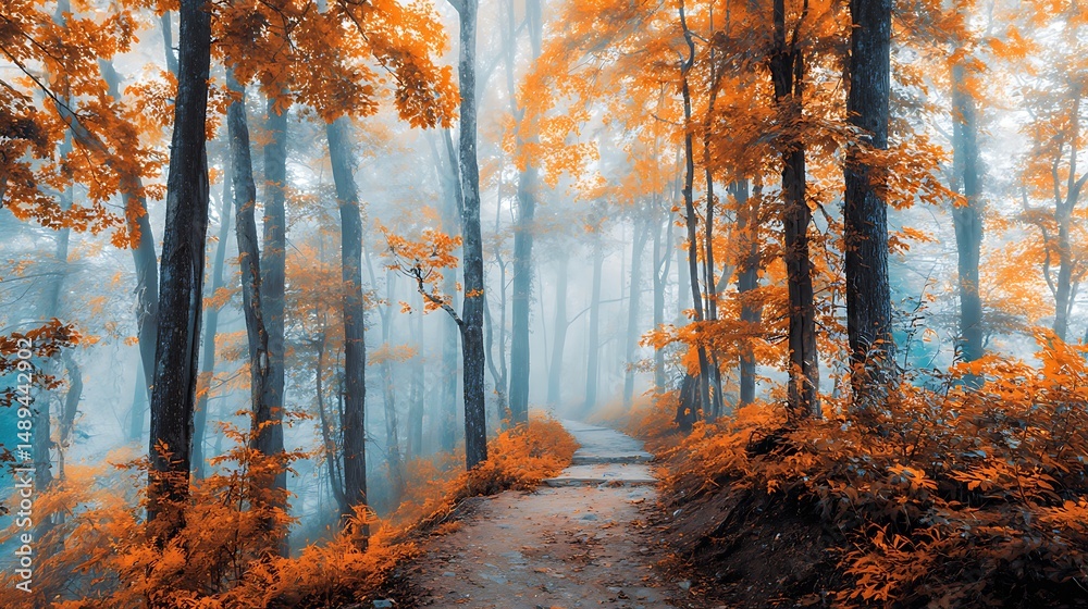 Obraz premium In the forest, there is an autumn path with trees and leaves in orange tones. The background features dark blue, Sunlight is shining through. A path leads from left to right. It creates a beautiful .