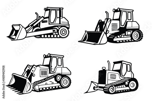 Vector Illustration of Black and White Bulldozers, Heavy Construction Equipment, Monochrome Tractors for Graphic Design and Industrial Applications.