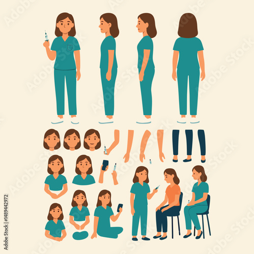 A female nurse character creator kit with multiple poses, facial expressions, and accessories. Includes front, side, and back views of a nurse in uniform, different hand and leg positions, medical too