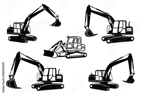 Black and White Vector Silhouettes Collection of Heavy Construction Equipment: Excavators and Bulldozer for Construction.