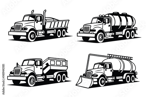 Set of Heavy Trucks Vector Illustration in Retro Style: Dump Truck, Water Tanker, and Snow Plow.