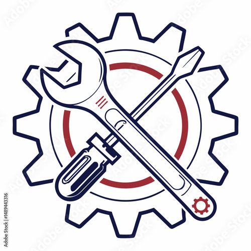 Wrench and screwdriver crossed over gear mechanic tools repair