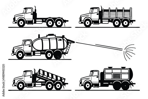 Set of Various Heavy Duty Truck Vector Silhouettes with Spray Truck, Dump Truck, Fuel Truck, and Platform Truck.