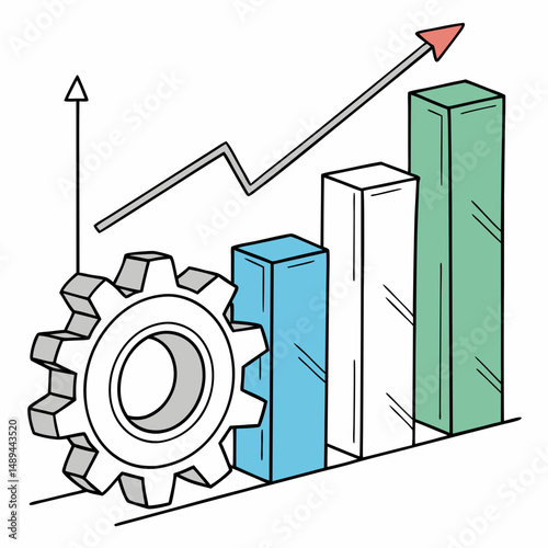 Gear driving upward trending bar graph showing growth