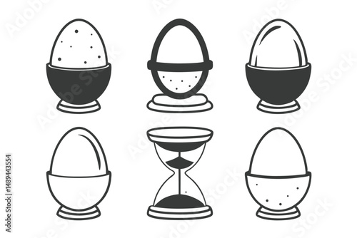 Set of Doodle Style Egg Cups with Eggs and Sand Clock Icon, Isolated Vector Elements for Culinary Themes.