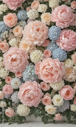 Pastel vintage roses, peonies & hydrangeas artificial flower wall , arrangement, wall
