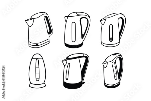 Set of Modern Electric Kettle Outlines, Kitchen Appliance Silhouettes for Tea and Coffee Preparation, Vector Illustration.