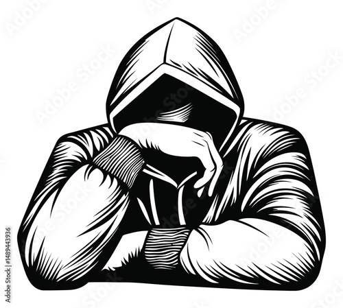 Detailed Engraving of Hooded Figure with Head Down in Contemplation