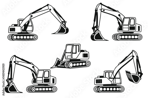 Vector Set of Excavators in Different Poses, Heavy Construction Equipment, Black and White Silhouette, Construction Machinery