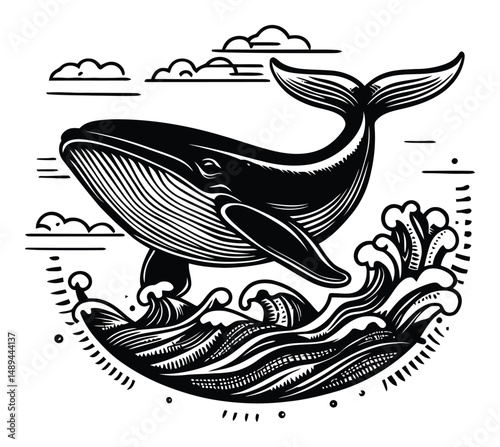Engraved Illustration of a Whale Leaping Over Ocean Waves
