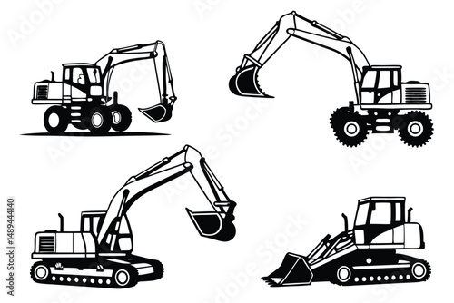 Set of Black and White Excavator Illustrations for Construction, Engineering and Building Purposes. Isolated Vector Icons on a White Background.