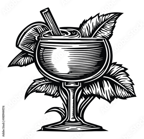 Vintage Engraving of Cocktail Glass with Lime and Mint Leaves