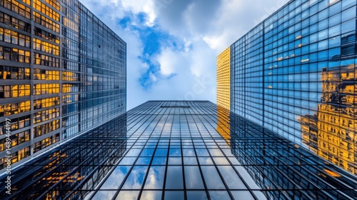 Modern city skyscrapers reflecting sky and clouds