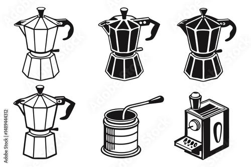 Set of stylized coffee equipment in black and white including moka pots and espresso maker.