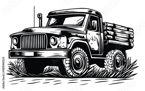 Detailed Vintage Truck Engraving with Logs on the Back in Nature