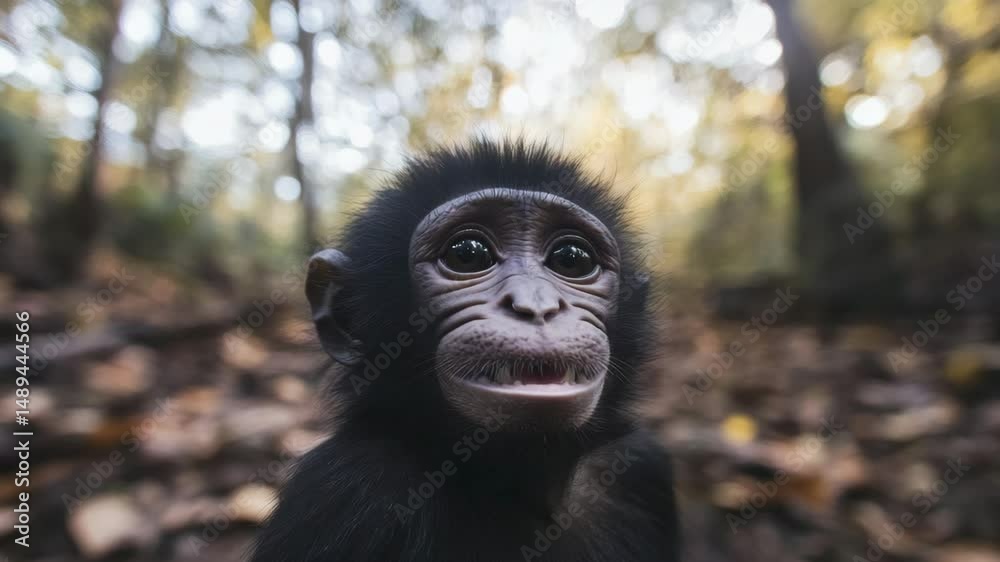 Young monkey with wide eyes in forest view. 