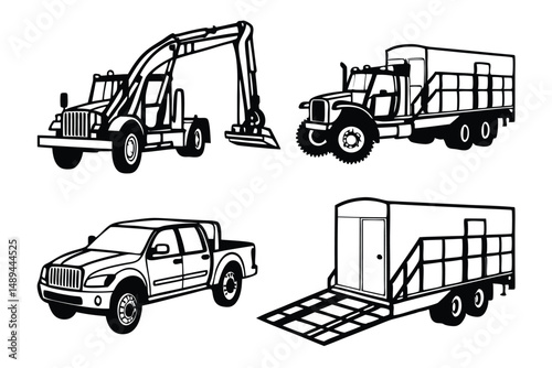 Vector Illustration Set of Black and White Heavy Equipment: Excavator, Truck, Pickup, and Trailer for Graphic Design.