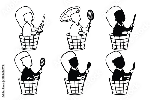 Set of chefs in baskets in different variations of black and white with cooking utensils.