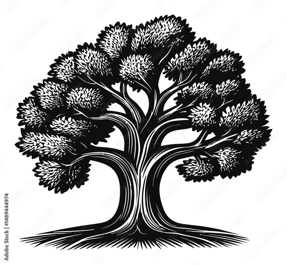 Fototapeta premium Detailed Tree Engraving with Intricate Leaf Patterns and Texture
