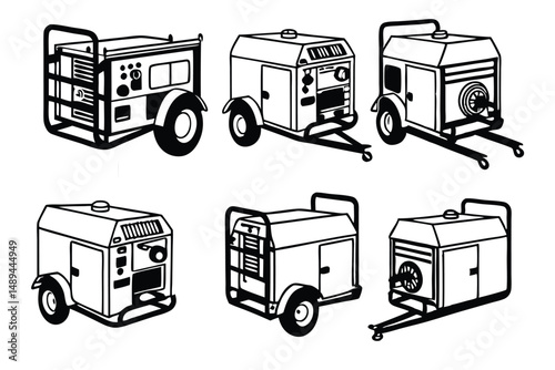 Vector illustration of portable electric power generators for construction and emergency power supply, in black and white outline.