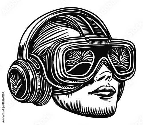 Detailed Engraving of a Person Wearing Retro Ski Goggles and Headphones
