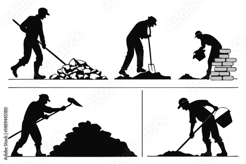 Silhouette Illustration of Construction Workers: Builders Handling Materials and Laying Bricks for Construction Projects.