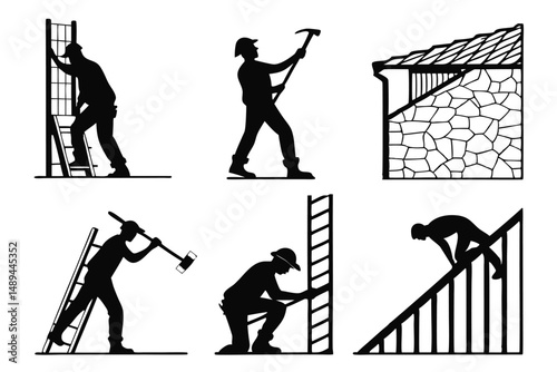 Silhouettes of Construction Workers and Building Elements on White Background. Vector Set Illustration.