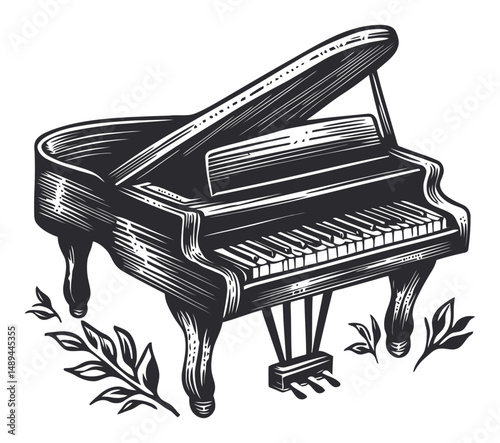 Elegant Grand Piano Engraving Surrounded by Beautiful Leaves