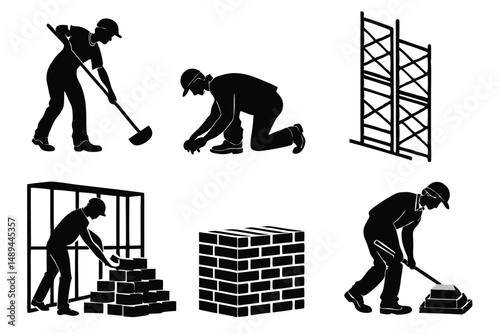 Black Silhouette Illustrations of Construction Workers Laying Bricks, Scaffolding, and Cementing for Construction Projects.