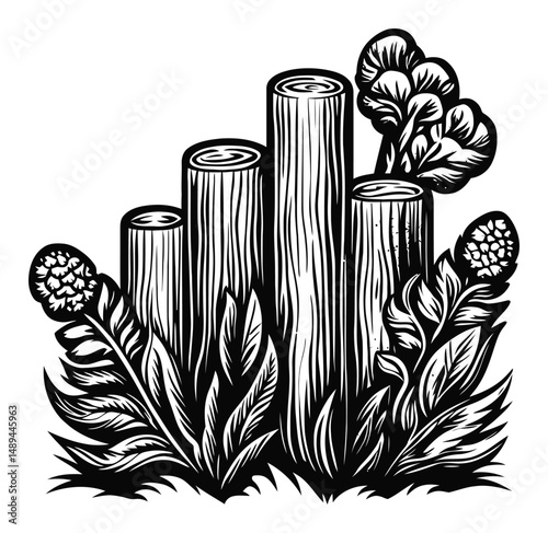 Detailed Black and White Engraving of Logs Surrounded by Foliage