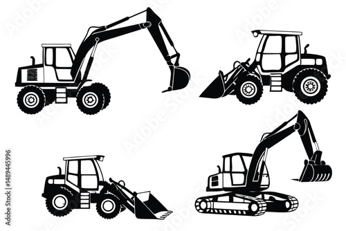 Black and White Silhouette Illustration of Construction Heavy Equipment, Featuring Excavators and Loaders on Isolated Background.