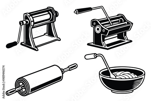 Black and White Vector Illustration of Pasta Making Tools: Pasta Machines, Rolling Pin and Bowl of Pasta.