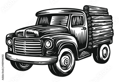 Vintage Wood Truck Engraving with Logs for Rustic Design