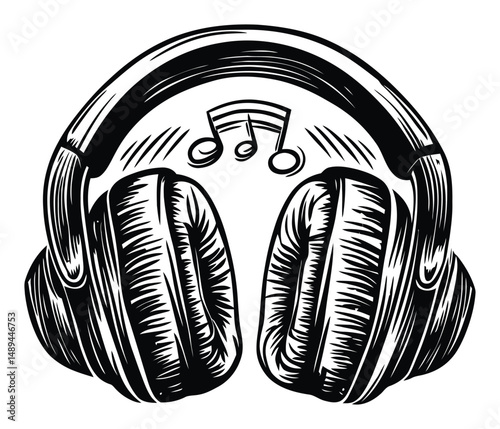 Detailed Engraving of Headphones with Musical Notes Design