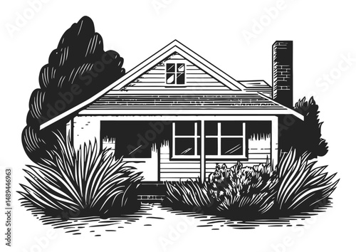 Detailed Engraving of a Rustic House Surrounded by Greenery