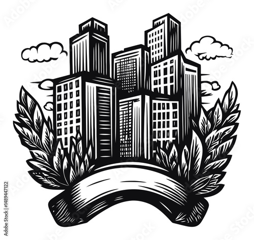 Detailed Urban Engraving Design Featuring Tall Buildings and Leaves