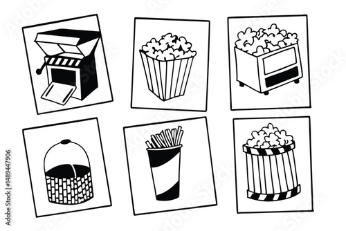 Minimalist Black and White Vector Illustration of Concession Stand Food and Supplies on Square Tiles.